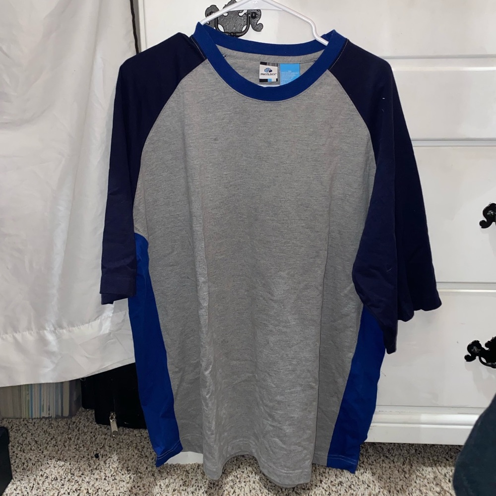 XL Men’s Phys. Six. Grey Blue and Navy Tee. Small oil stain